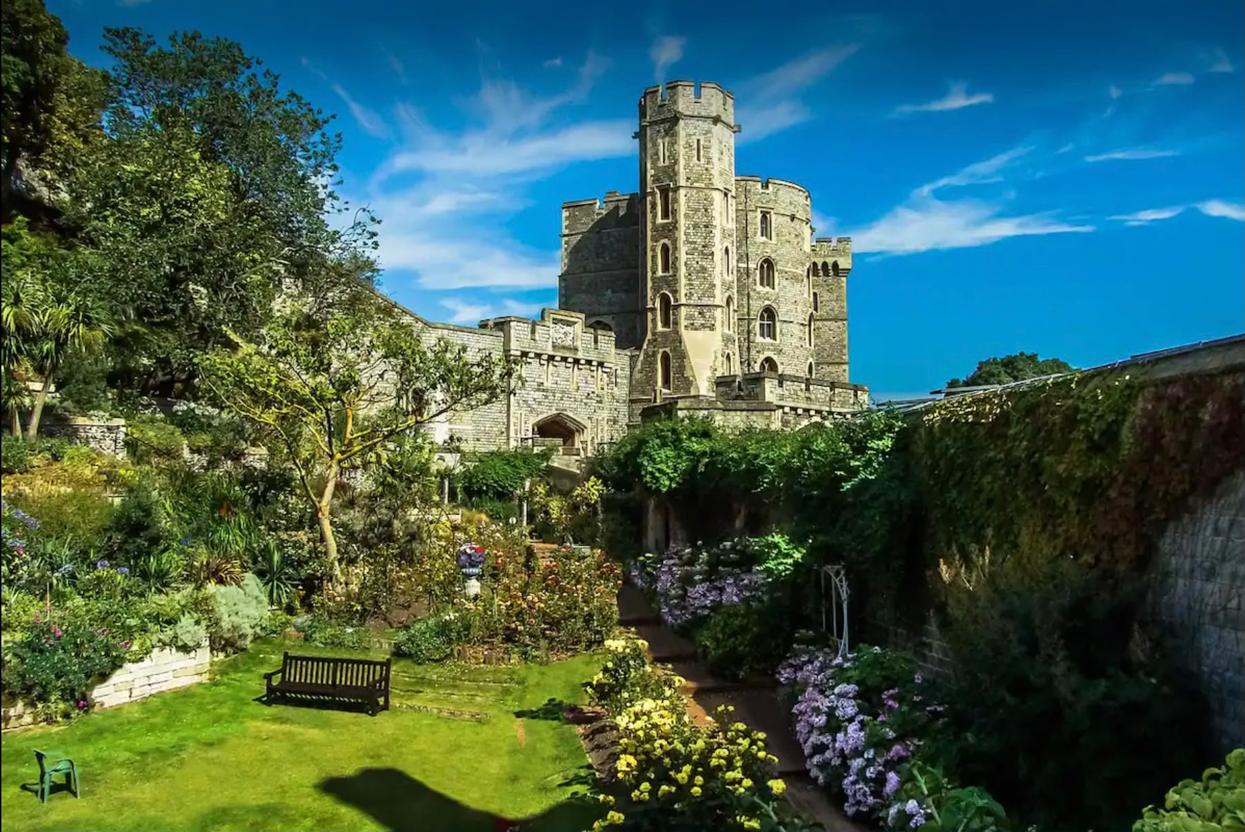 Windsor Castle viewed from a landscaped garden